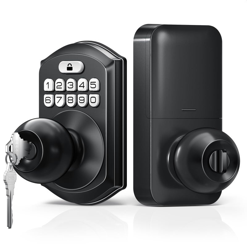 TEEHO Keyless Entry Keypad Door Lock with Handle, Electronic Digital Smart Locks for Front Door, Easy to Install Keypad Deadbolt with Code for Bedroom, Anti-Peeping Password - Matte Black - Image 1